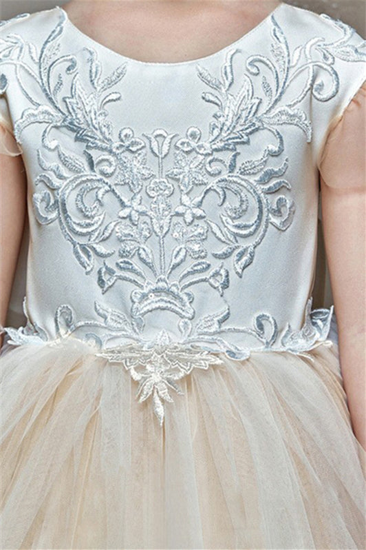 Gorgeous Cap Sleeveless Tulle Flower Girl Dress with Zipper Button Back and Bowknot-BallBride