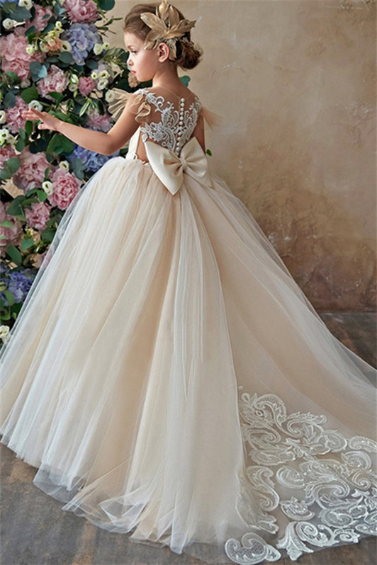 Gorgeous Cap Sleeveless Tulle Flower Girl Dress with Zipper Button Back and Bowknot-BallBride