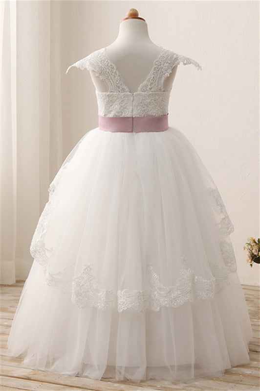 Gorgeous Cap Sleeves Flower Girl Dress Ball Gown Princess With Lace Appliques-BallBride