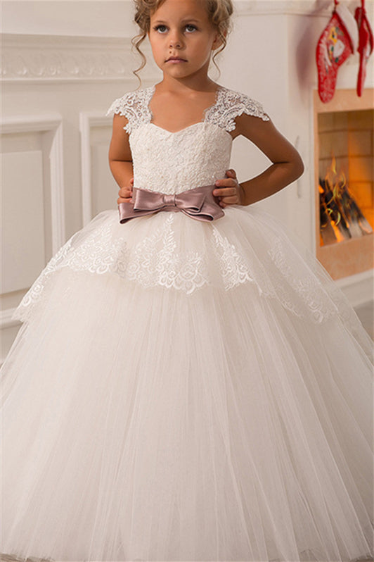 Gorgeous Cap Sleeves Flower Girl Dress Ball Gown Princess With Lace Appliques-BallBride