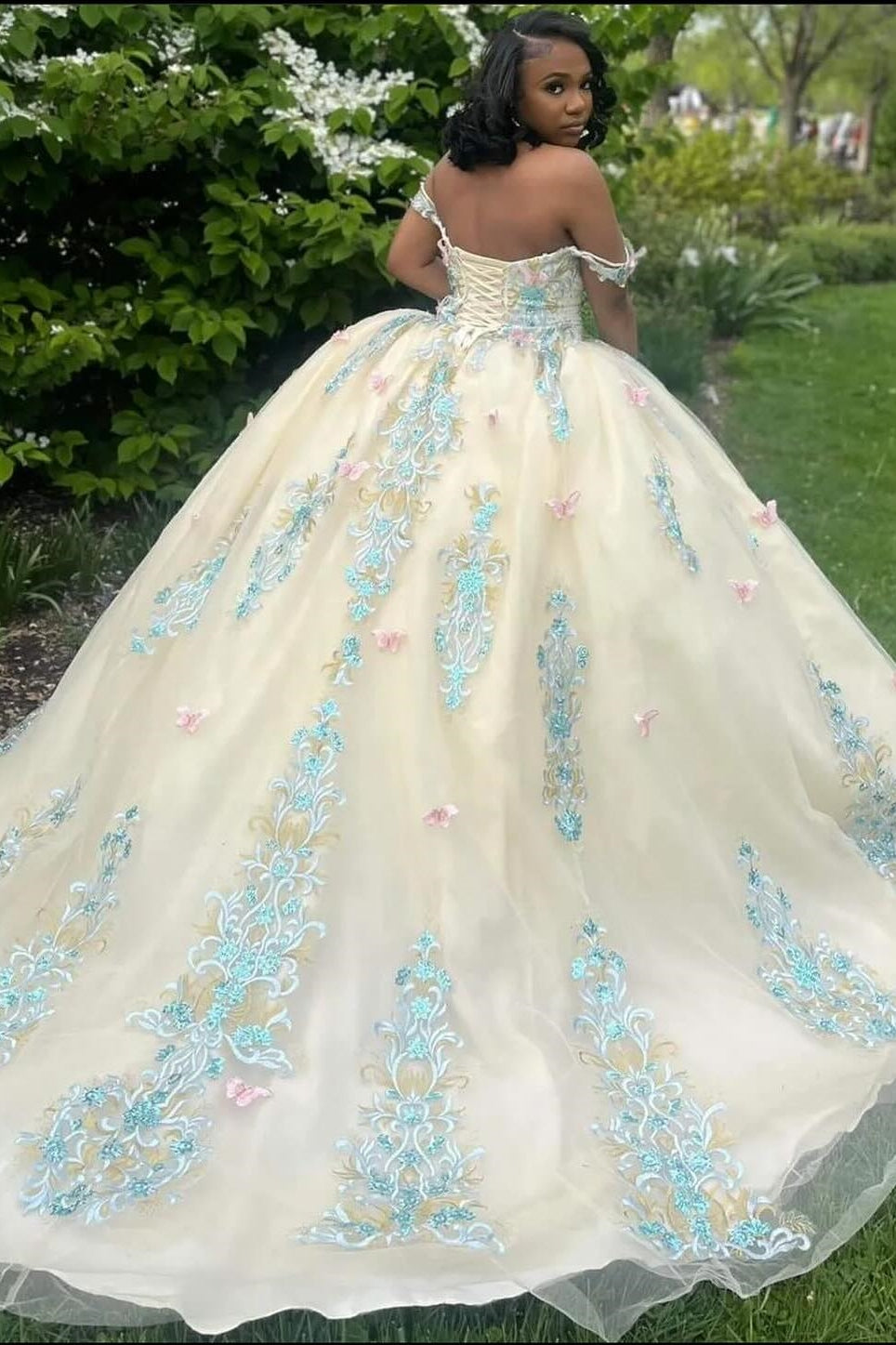 Gorgeous Champagne Off-Shoulder Appliques Ball Gown Prom Dress-BallBride