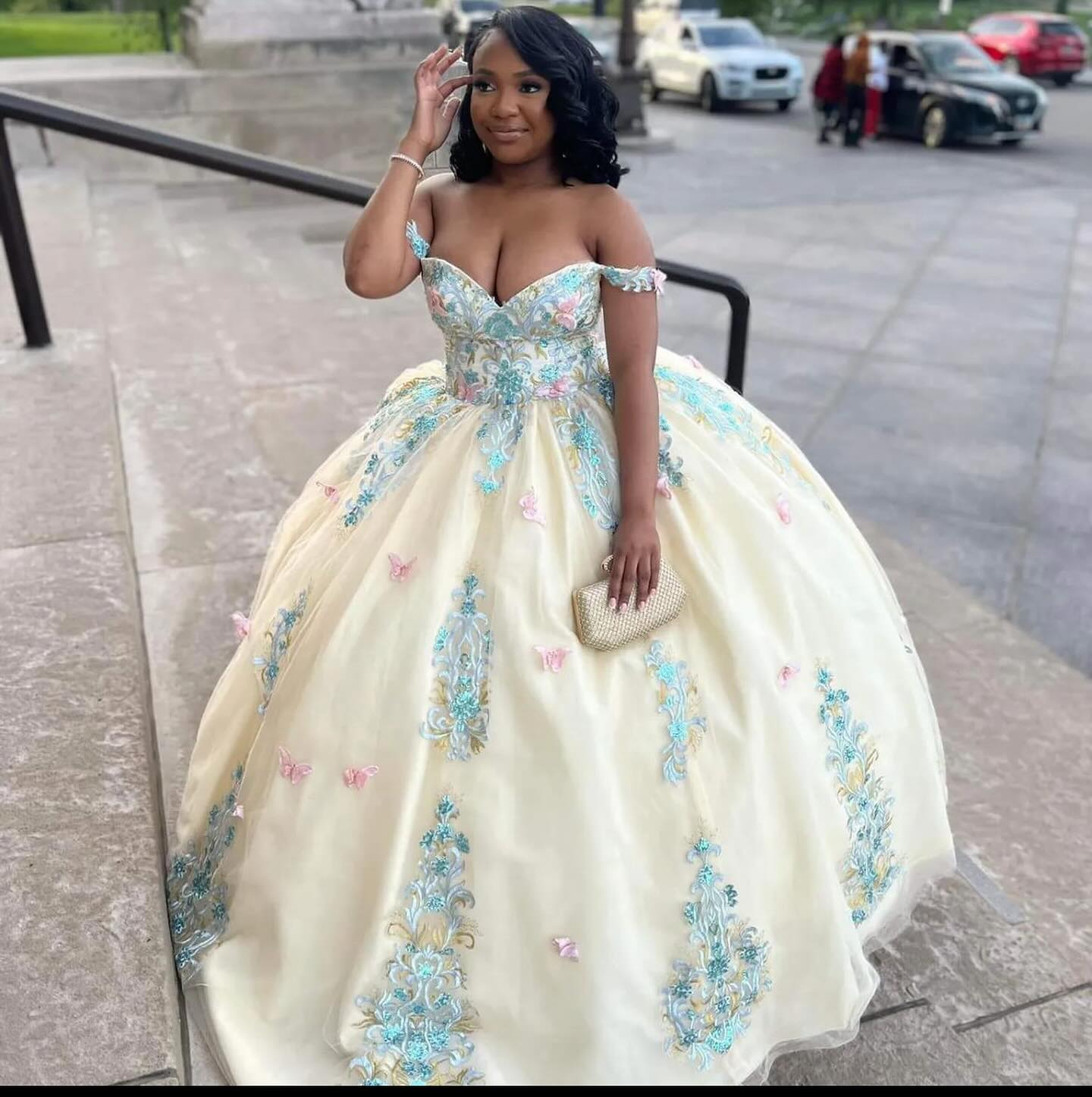 Gorgeous Champagne Off-Shoulder Appliques Ball Gown Prom Dress-BallBride