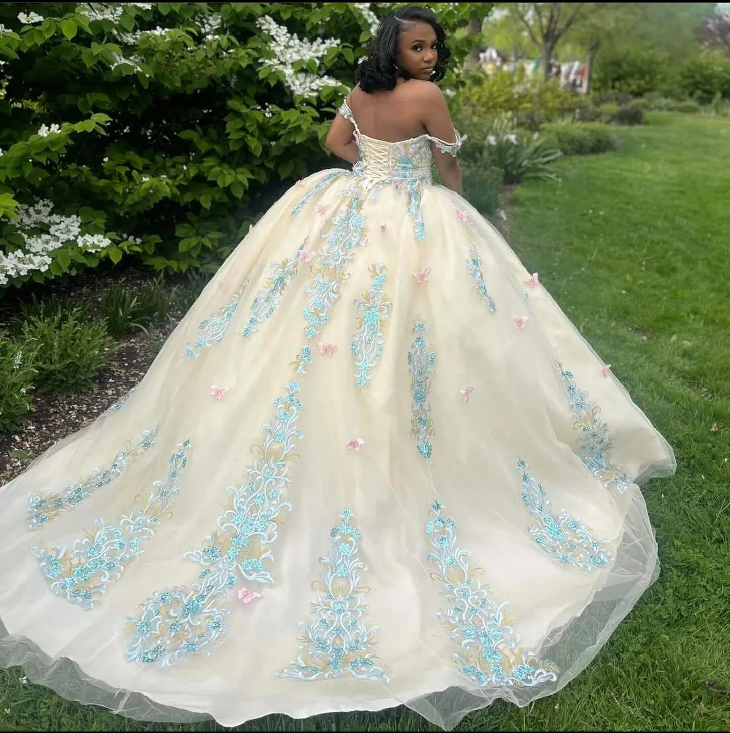 Gorgeous Champagne Off-Shoulder Appliques Ball Gown Prom Dress-BallBride