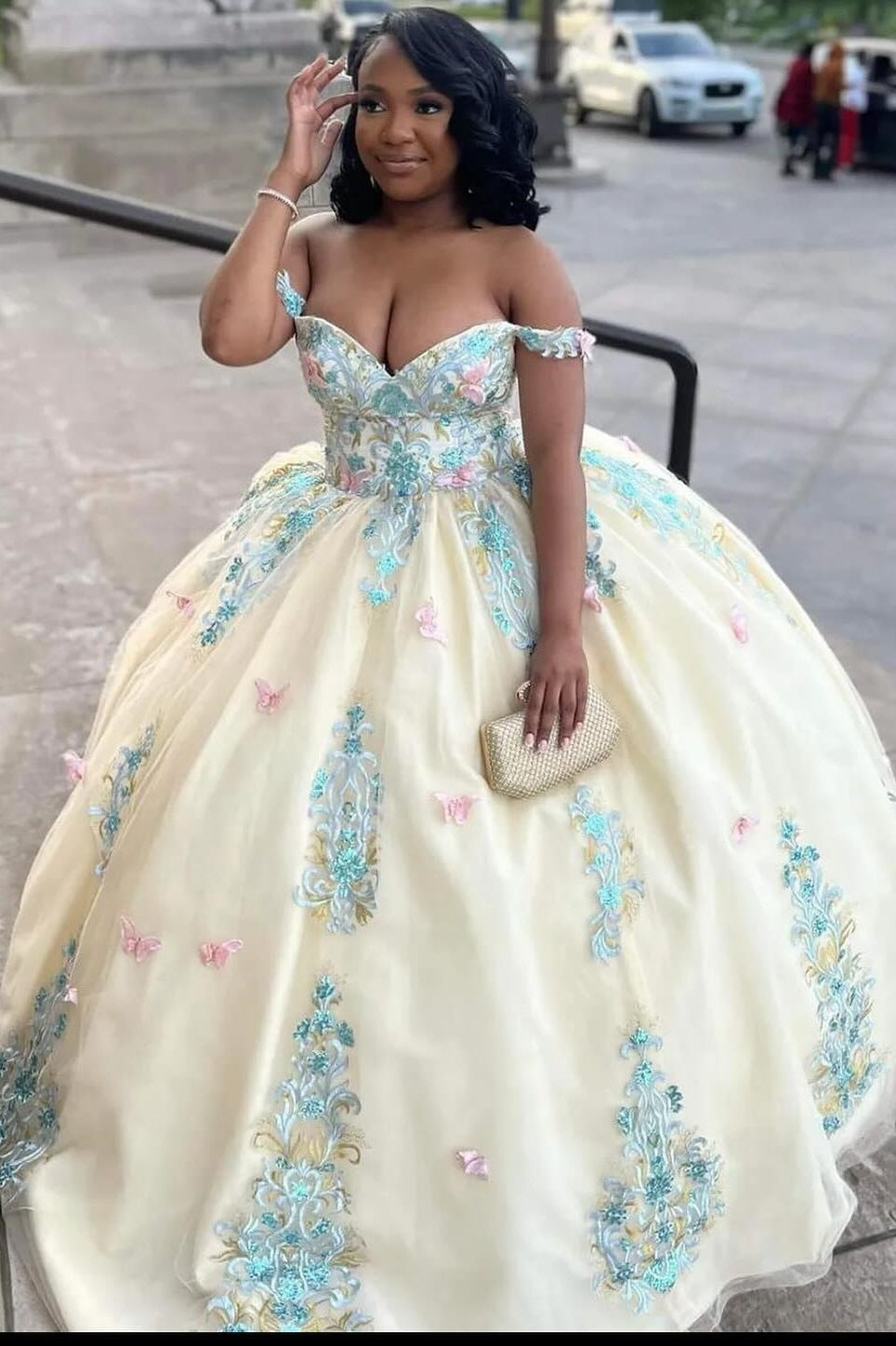 Gorgeous Champagne Off-Shoulder Appliques Ball Gown Prom Dress-BallBride
