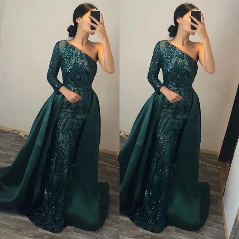 Gorgeous Dark Green Sequins Prom Dress Mermaid Overskirt Evening Gowns-BallBride
