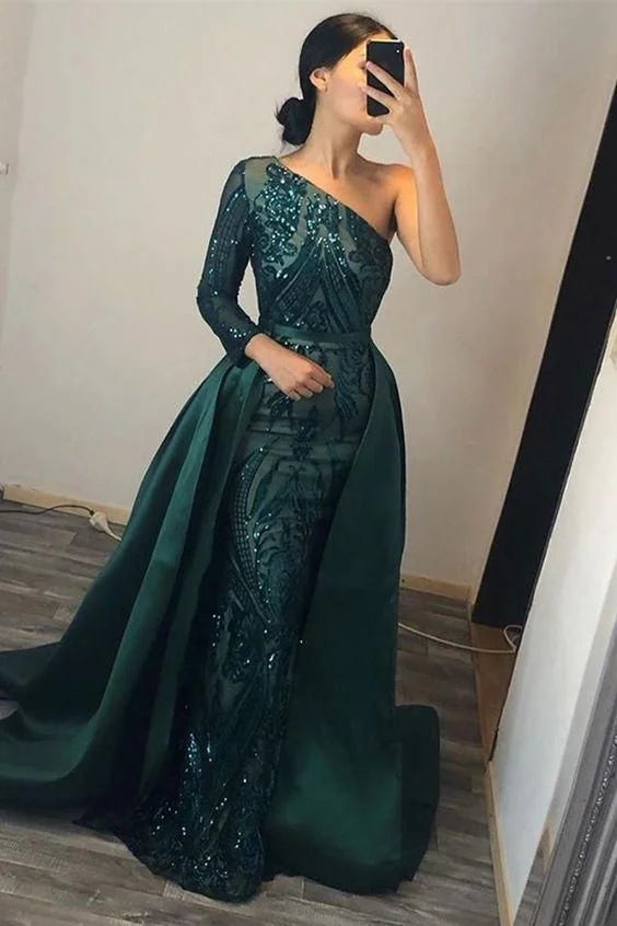 Gorgeous Dark Green Sequins Prom Dress Mermaid Overskirt Evening Gowns-BallBride
