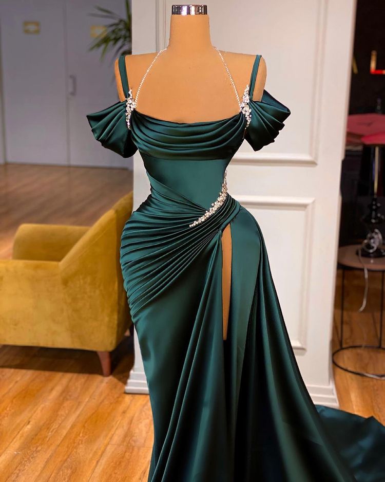 Gorgeous Dark Green Strap Side Slit Ruffles Prom Dress with Crystal-BallBride