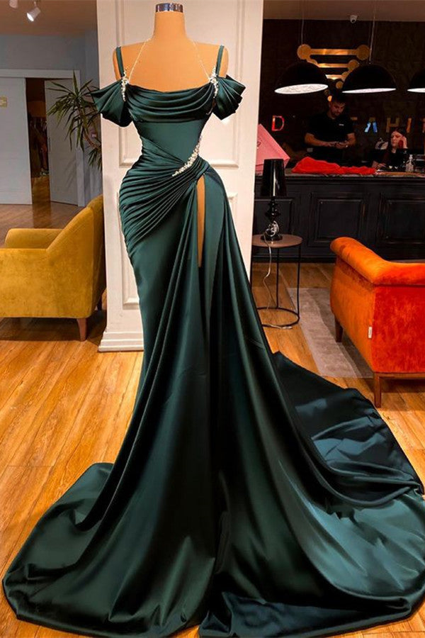 Gorgeous Dark Green Strap Side Slit Ruffles Prom Dress with Crystal-BallBride