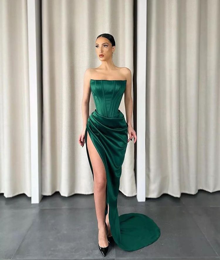 Gorgeous Dark Green Strapless Mermaid Evening Dress Long With Slit-BallBride