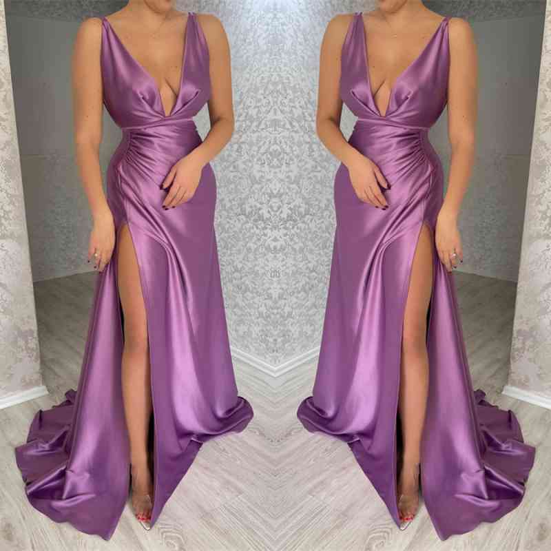 Gorgeous Deep V-Neck Sleeveless Evening Dress Mermaid Long with Slit-BallBride