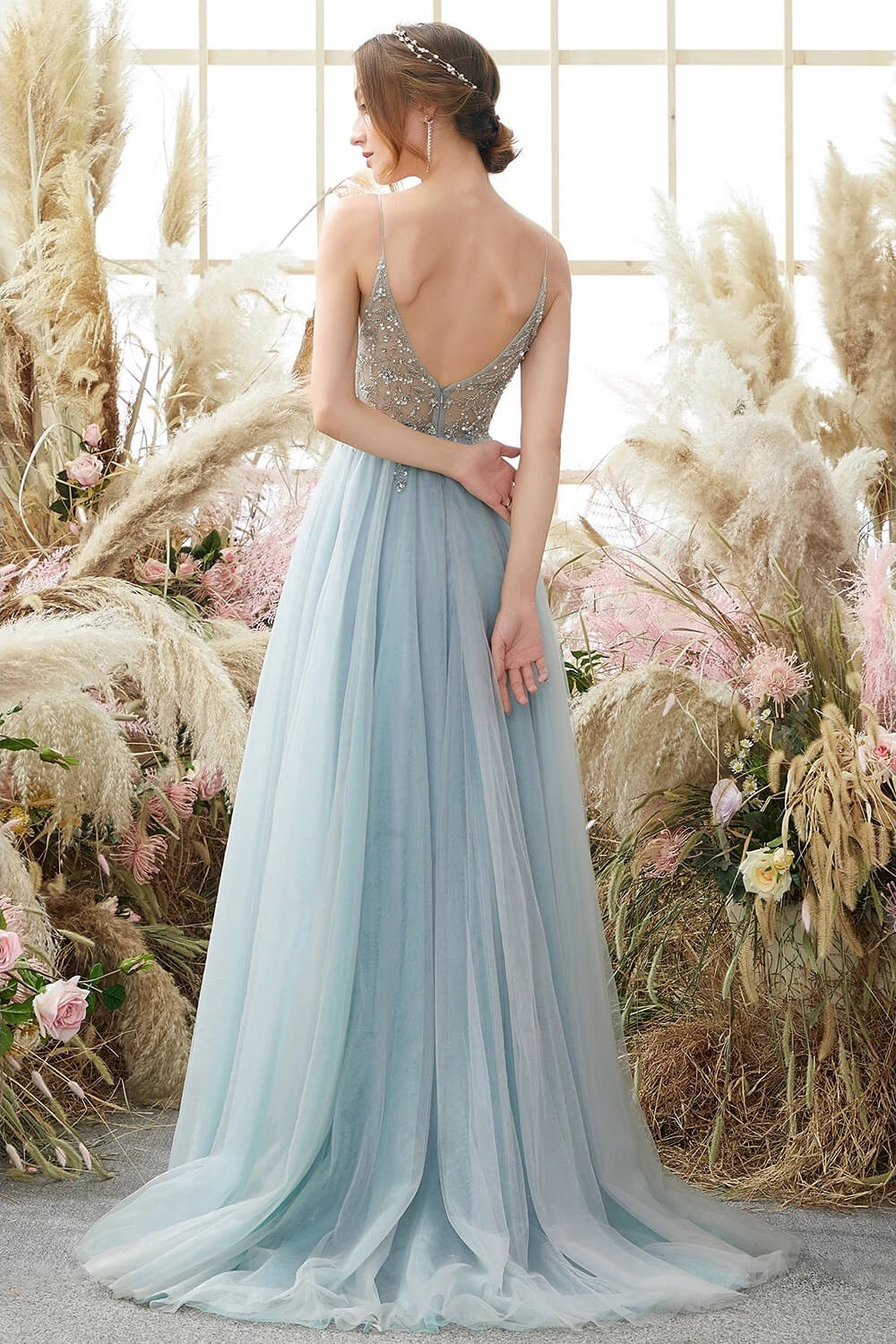 Gorgeous Dusty Blue Tulle V-Neck Prom Dress With Beadings and Slit-BallBride