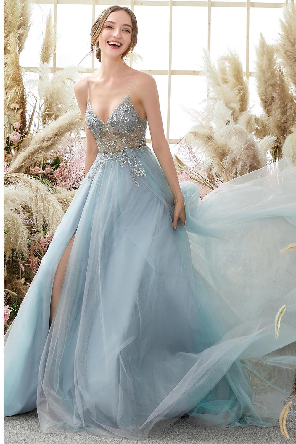 Gorgeous Dusty Blue Tulle V-Neck Prom Dress With Beadings and Slit-BallBride