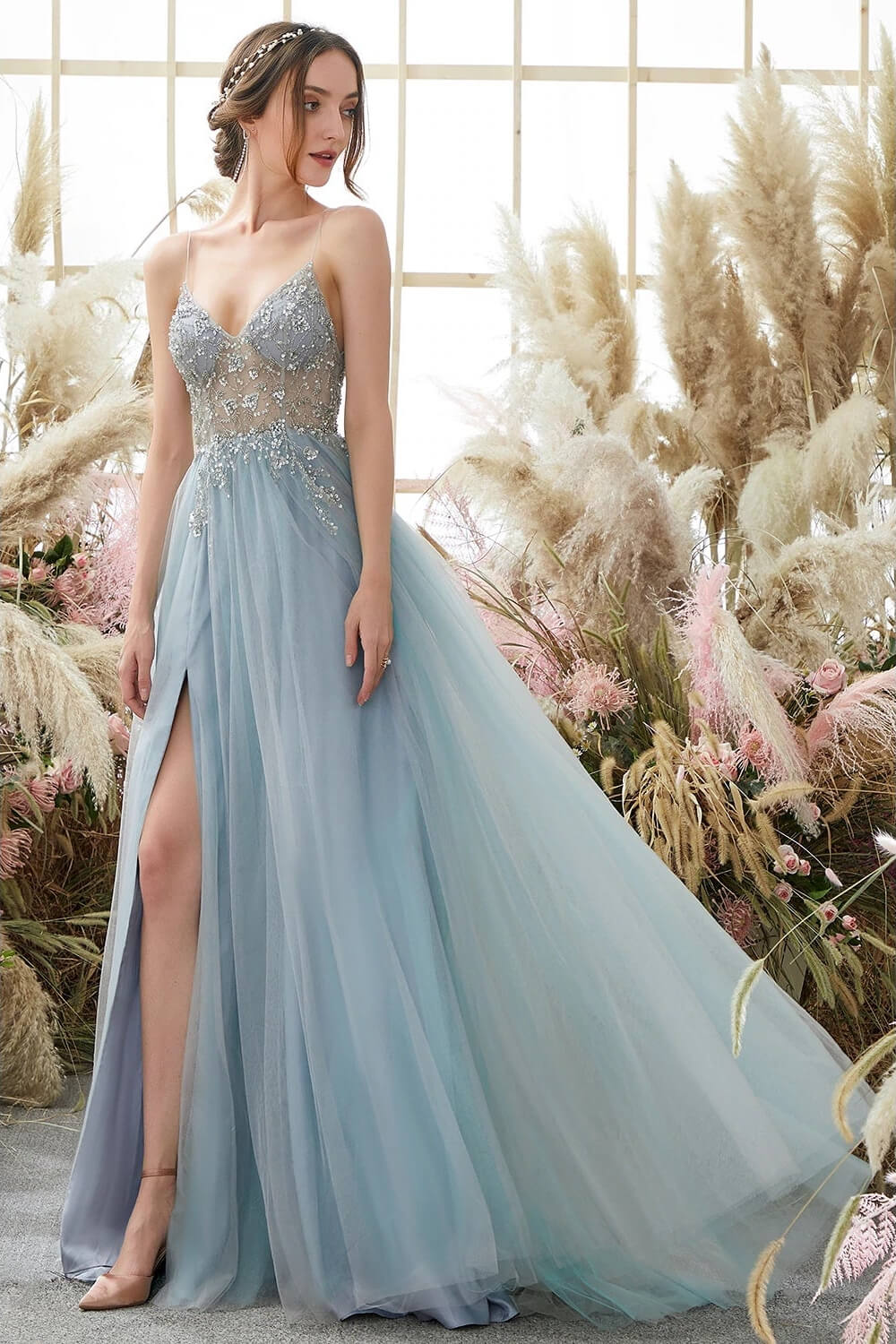 Gorgeous Dusty Blue Tulle V-Neck Prom Dress With Beadings and Slit-BallBride
