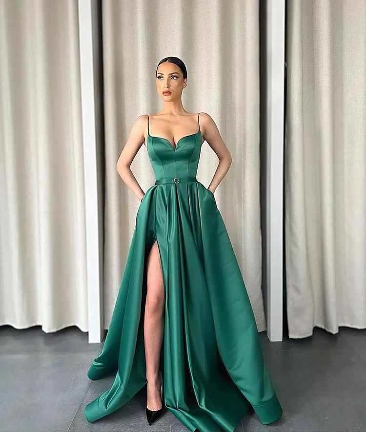 Gorgeous Emerald Prom Dress with Spaghetti-Straps and Pockets-BallBride
