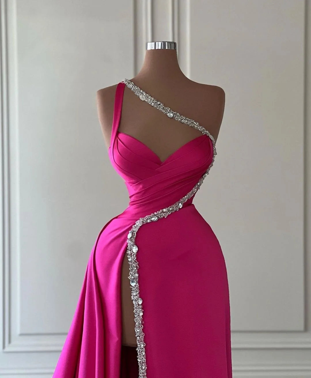 Gorgeous Fuchsia One Shoulder Evening Dress Mermaid Split With Beads-BallBride