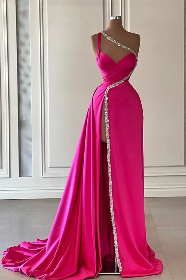 Gorgeous Fuchsia One Shoulder Evening Dress Mermaid Split With Beads-BallBride
