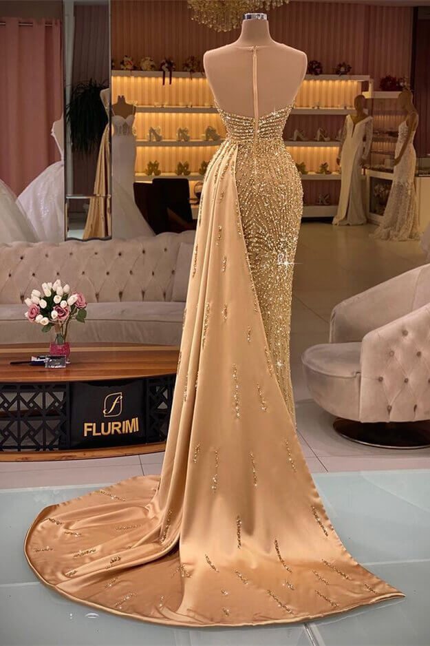 Gorgeous Gold Long Mermaid Sweetheart Sleeveless Evening Prom Dress with Ruffles-BallBride