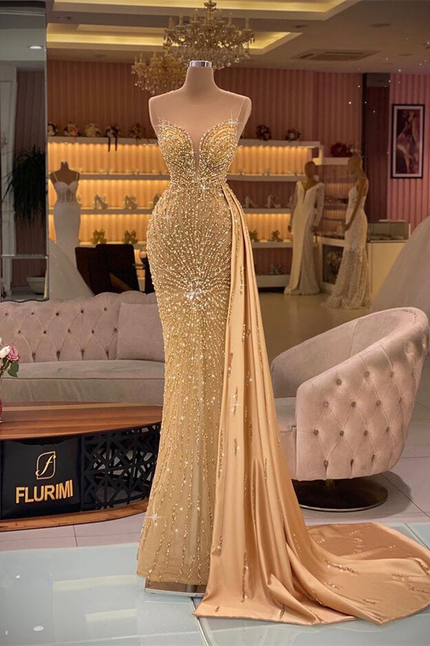 Gorgeous Gold Long Mermaid Sweetheart Sleeveless Evening Prom Dress with Ruffles-BallBride