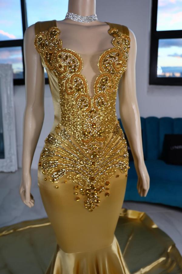 Gorgeous Gold Mermaid Satin Long Prom Dress with Beads and Rhinestones-BallBride