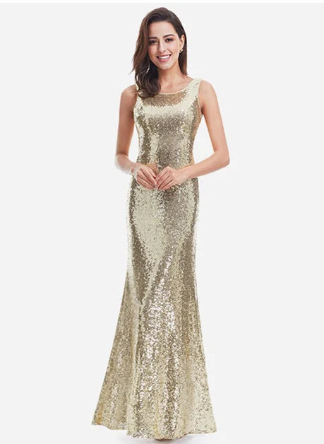 Gorgeous Gold Sequins Prom Dress Mermaid Drop Back Evening Gowns-BallBride