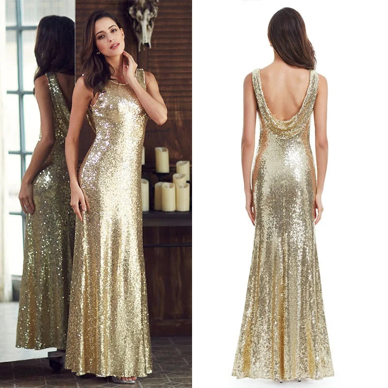 Gorgeous Gold Sequins Prom Dress Mermaid Drop Back Evening Gowns-BallBride