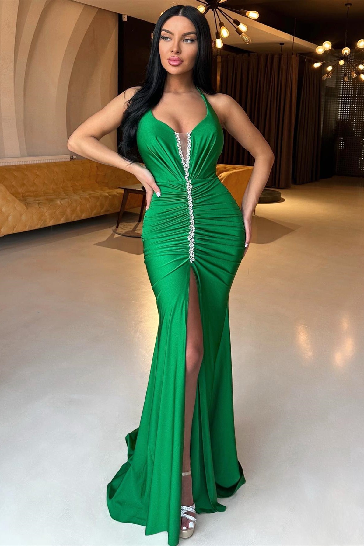 Gorgeous Green Halter Mermaid Prom Dress with Beadings and Front Split-BallBride