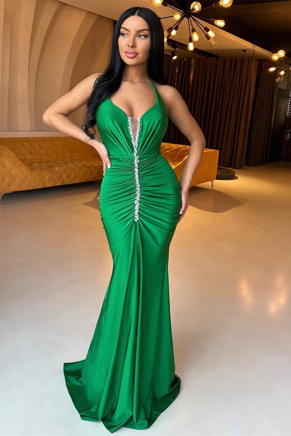 Gorgeous Green Halter Mermaid Prom Dress with Beadings and Front Split-BallBride