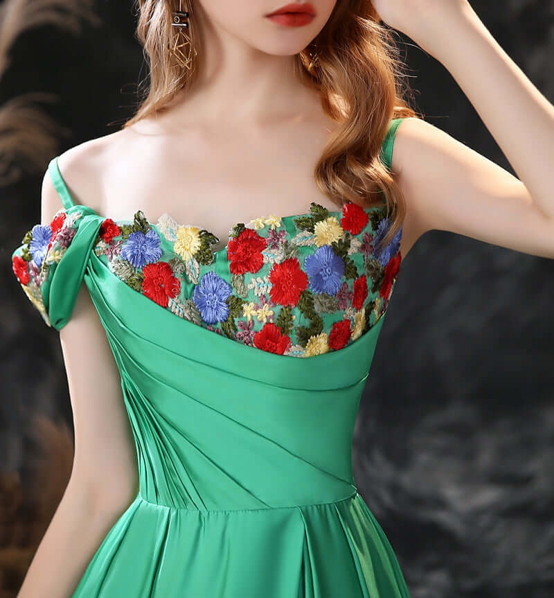 Gorgeous Green Off-the-Shoulder Long Prom Dress with Flower Embroidery-BallBride