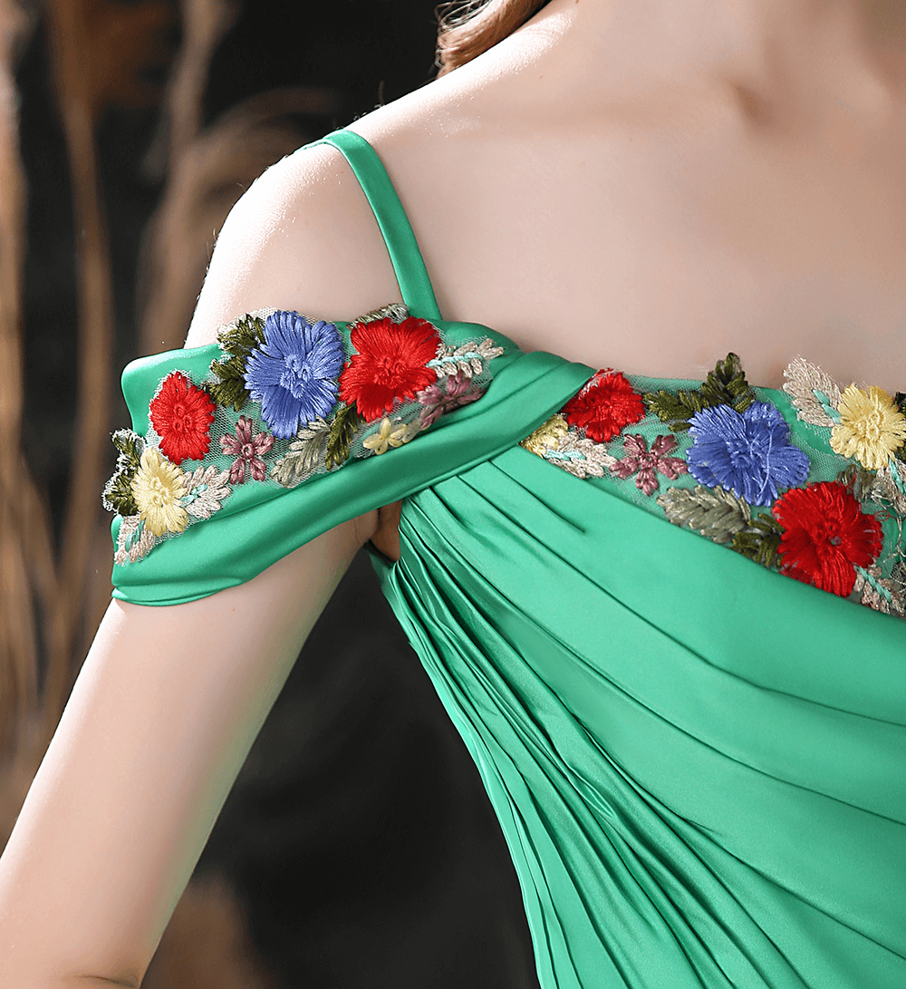 Gorgeous Green Off-the-Shoulder Long Prom Dress with Flower Embroidery-BallBride