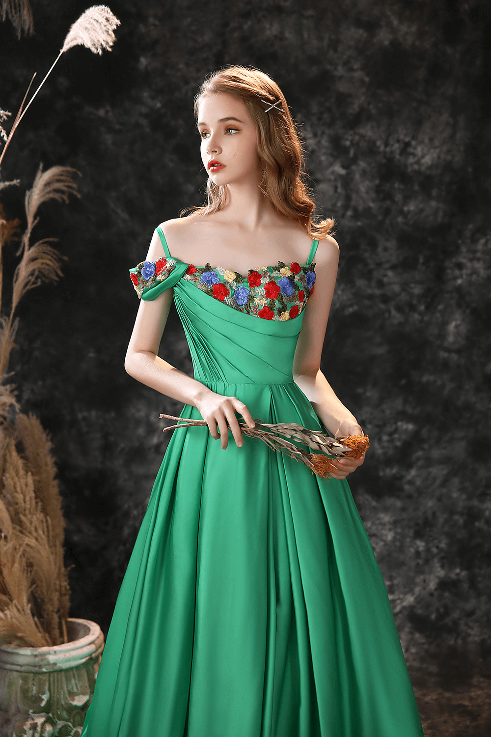 Gorgeous Green Off-the-Shoulder Long Prom Dress with Flower Embroidery-BallBride