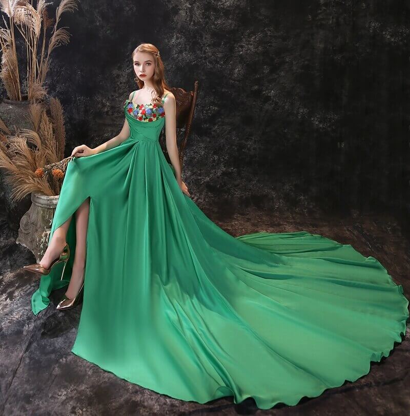 Gorgeous Green Off-the-Shoulder Long Prom Dress with Flower Embroidery-BallBride
