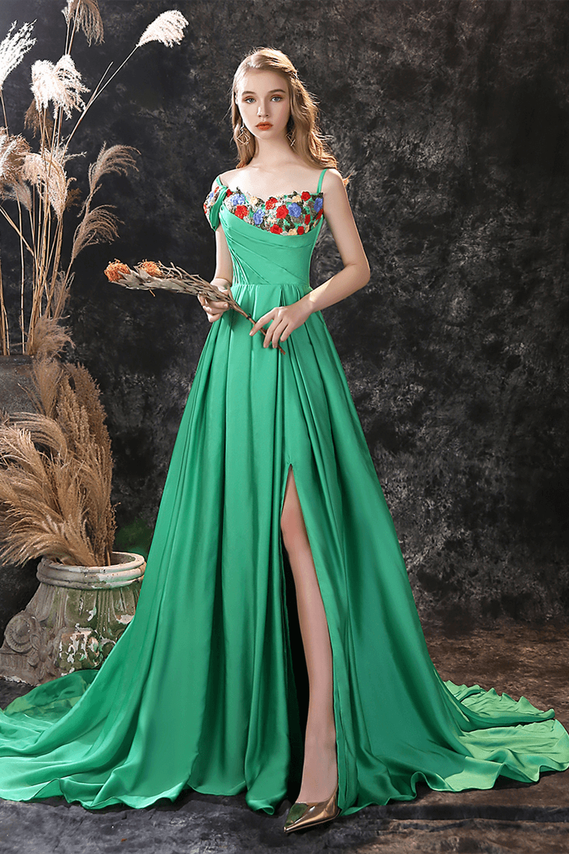 Gorgeous Green Off-the-Shoulder Long Prom Dress with Flower Embroidery-BallBride