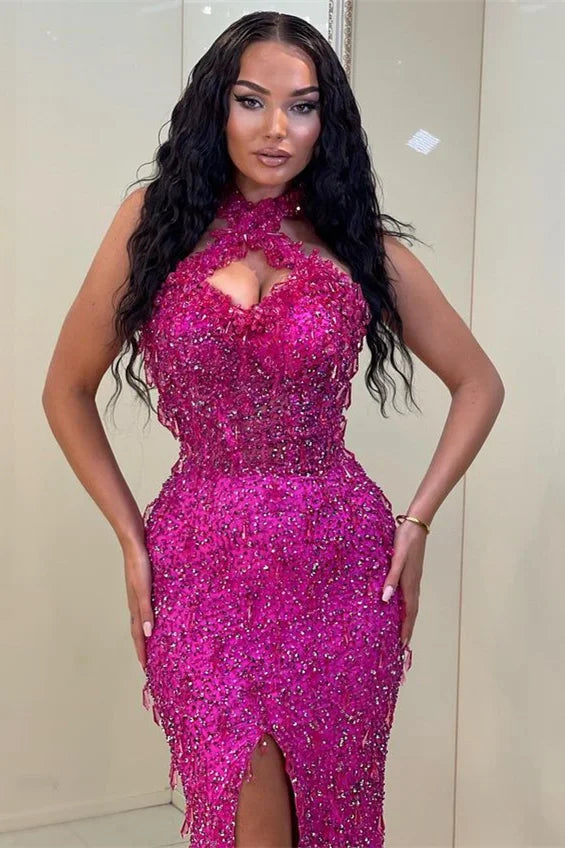 Gorgeous Halter Fuchsia Evening Dresses Mermaid Sleeveless Sequins Party Dress With Slit-BallBride