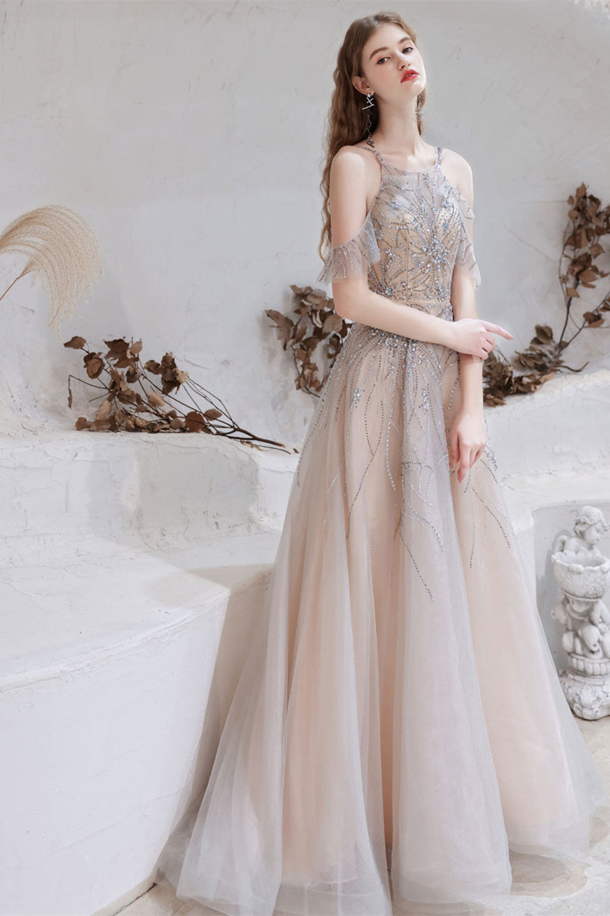 Gorgeous Halter Sleeveless Prom Dress with Tulle and Beadings Crystals-BallBride