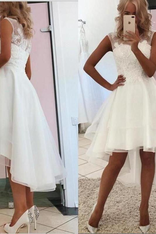 Gorgeous Hi-Lo A-line Bateau Sleeves Wedding Dress With Lace-BallBride