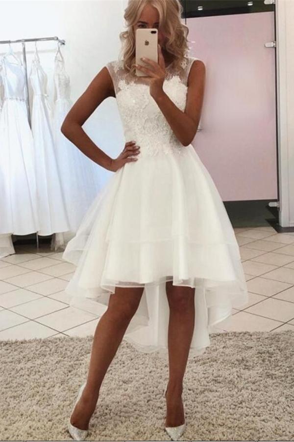 Gorgeous Hi-Lo A-line Bateau Sleeves Wedding Dress With Lace-BallBride