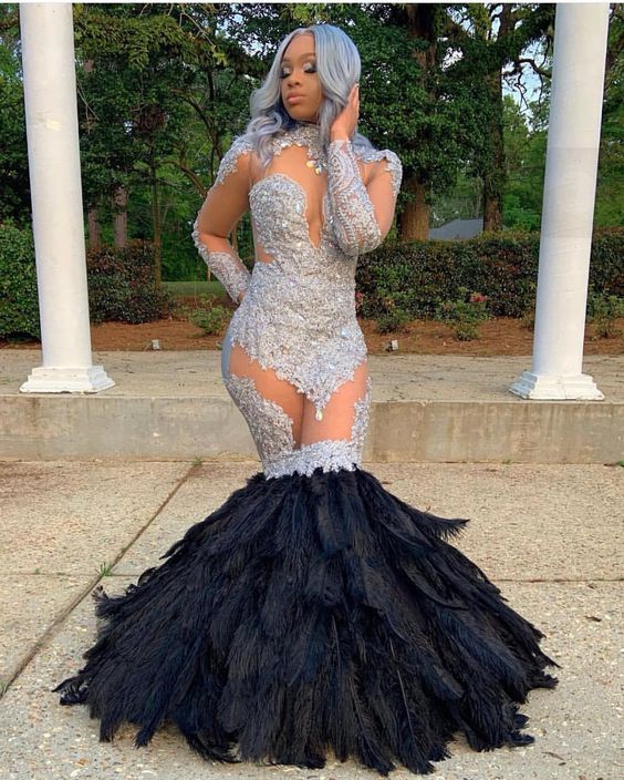 Gorgeous High Neck Mermaid Appliques Long Sleeves Prom Dress with Fur-BallBride