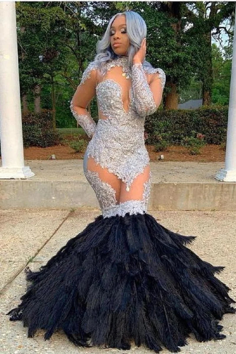 Gorgeous High Neck Mermaid Appliques Long Sleeves Prom Dress with Fur-BallBride