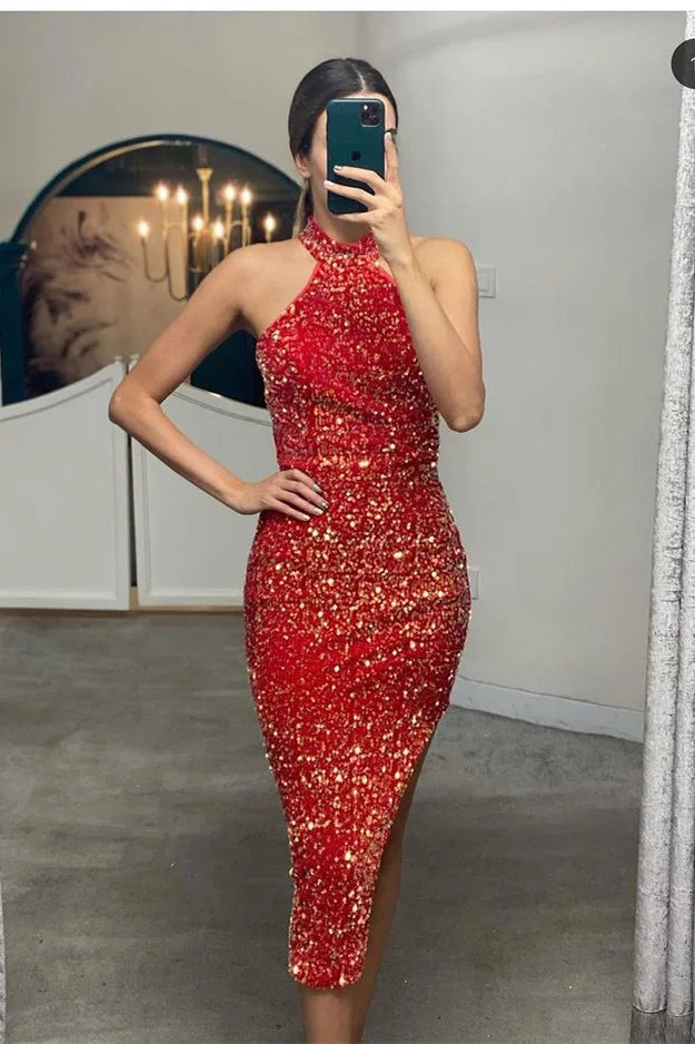 Gorgeous High Neck Sequins Mermaid Evening Dress Sheath Sleeveless-BallBride