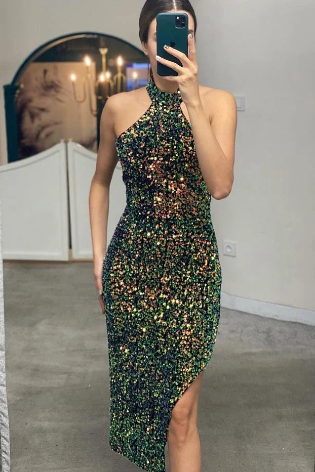 Gorgeous High Neck Sequins Mermaid Evening Dress Sheath Sleeveless-BallBride