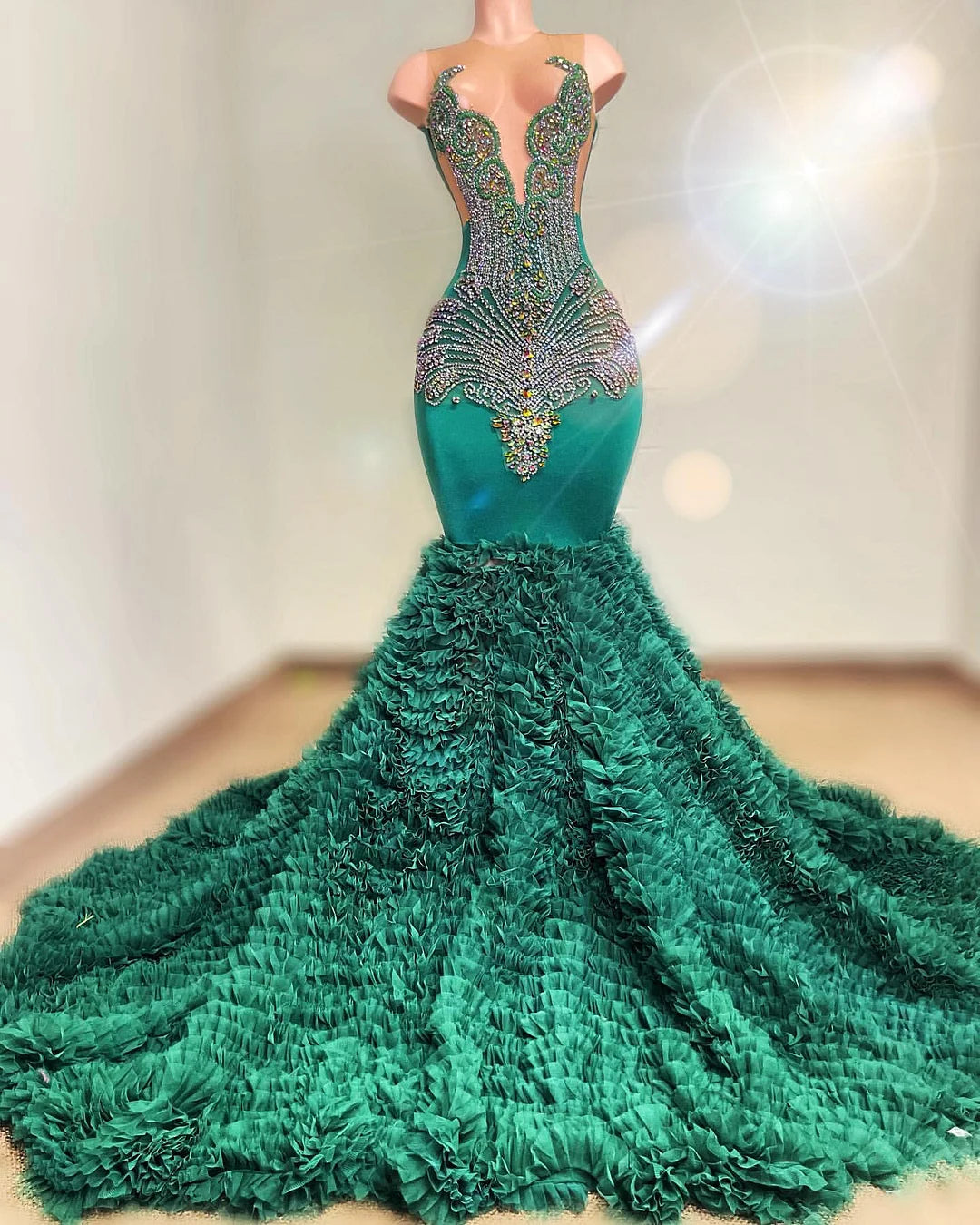 Gorgeous Jade Sleeveless Mermaid Evening Dress With Crystal Tulle Ruffles-BallBride