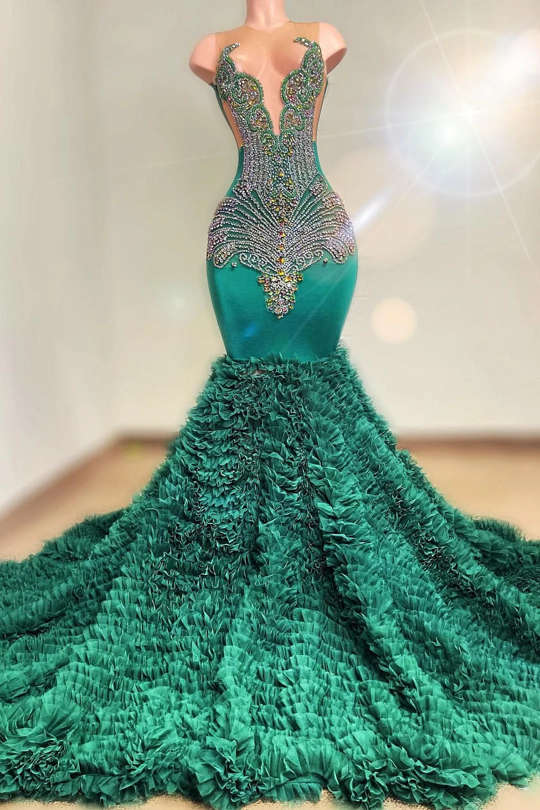 Gorgeous Jade Sleeveless Mermaid Evening Dress With Crystal Tulle Ruffles-BallBride