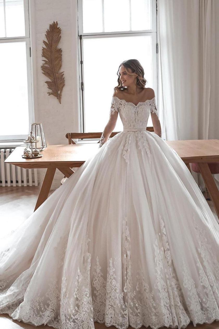 Gorgeous Lace Tulle Sleeves Long Ball Gowns Wedding Dresses-BallBride