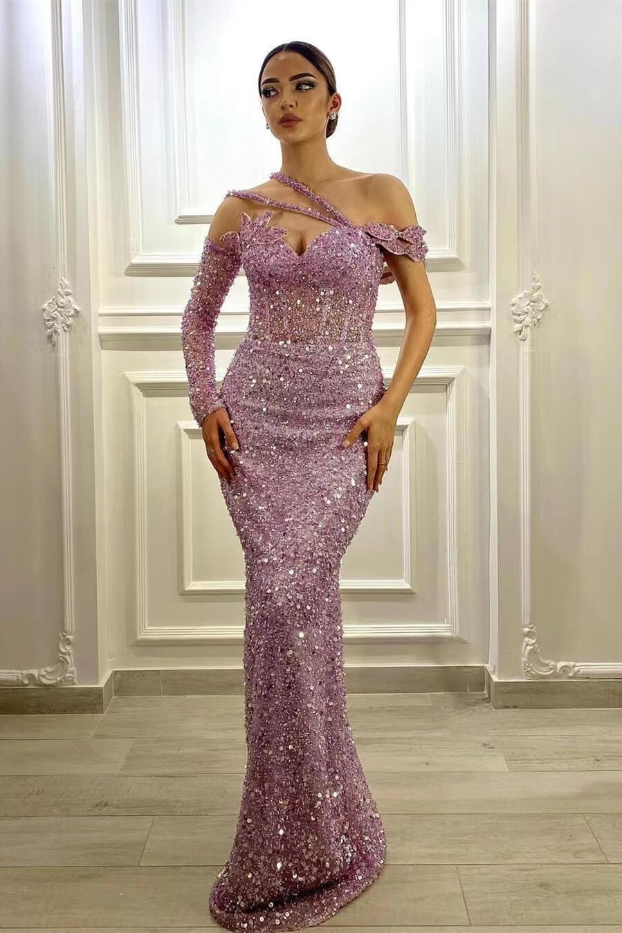 Gorgeous Lavender Prom Dress with Long Sleeves and Sequins-BallBride