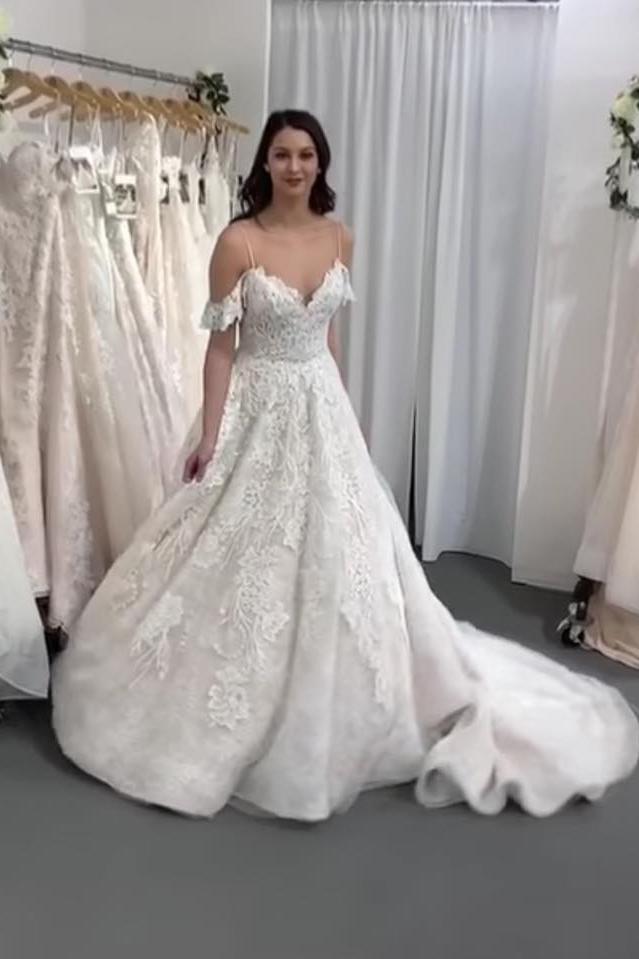 Gorgeous Long A-line Spaghetti-Straps Backless Wedding Dress with Tulle Lace-BallBride