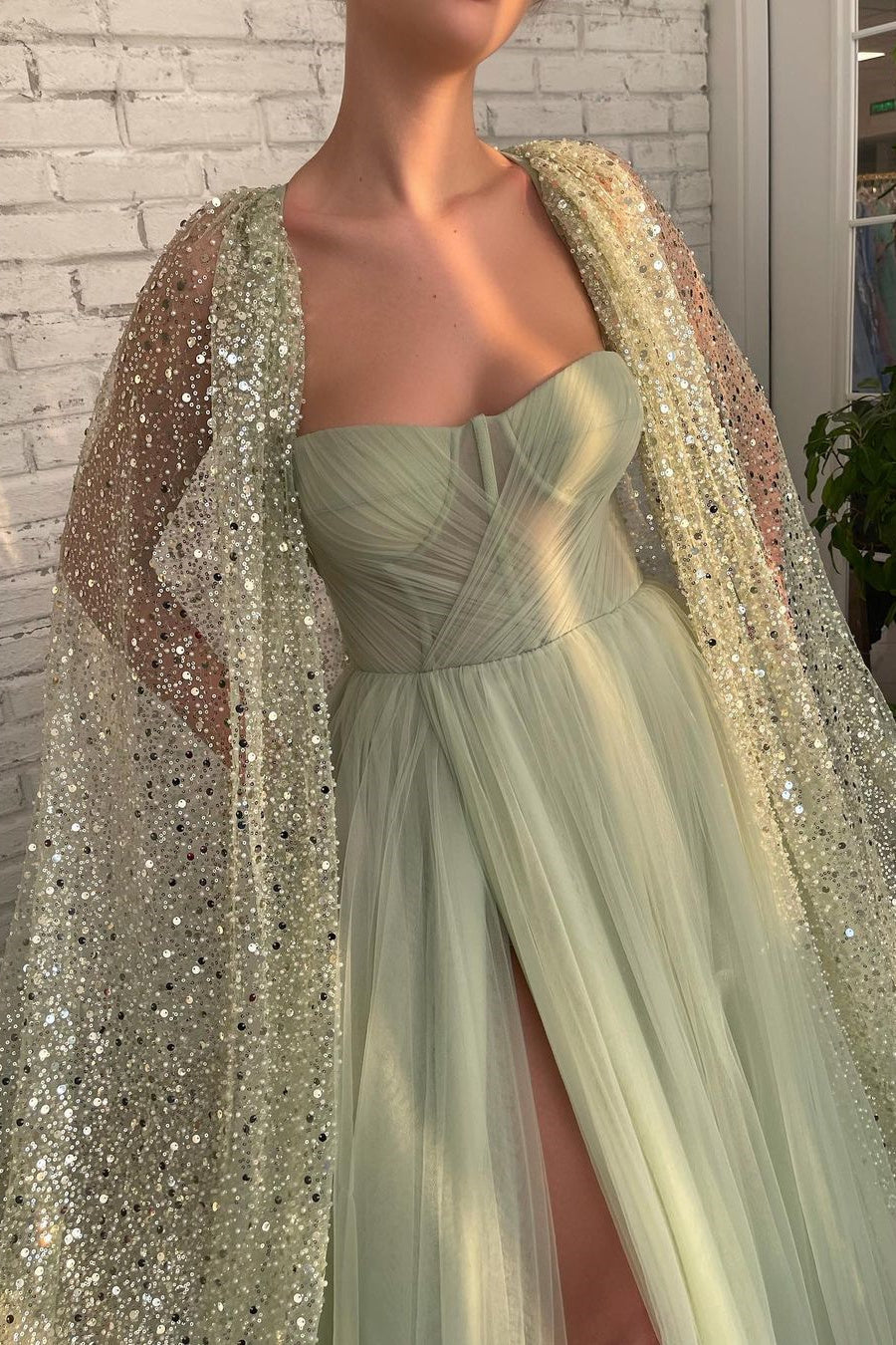 Gorgeous Long A-line Strapless Tulle Front Slit Prom Dress with Cape-BallBride