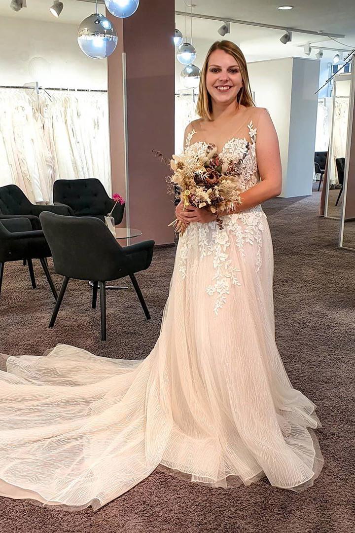 Gorgeous Long A-line V-neck Floor-length Backless Wedding Dress with Tulle Lace-BallBride