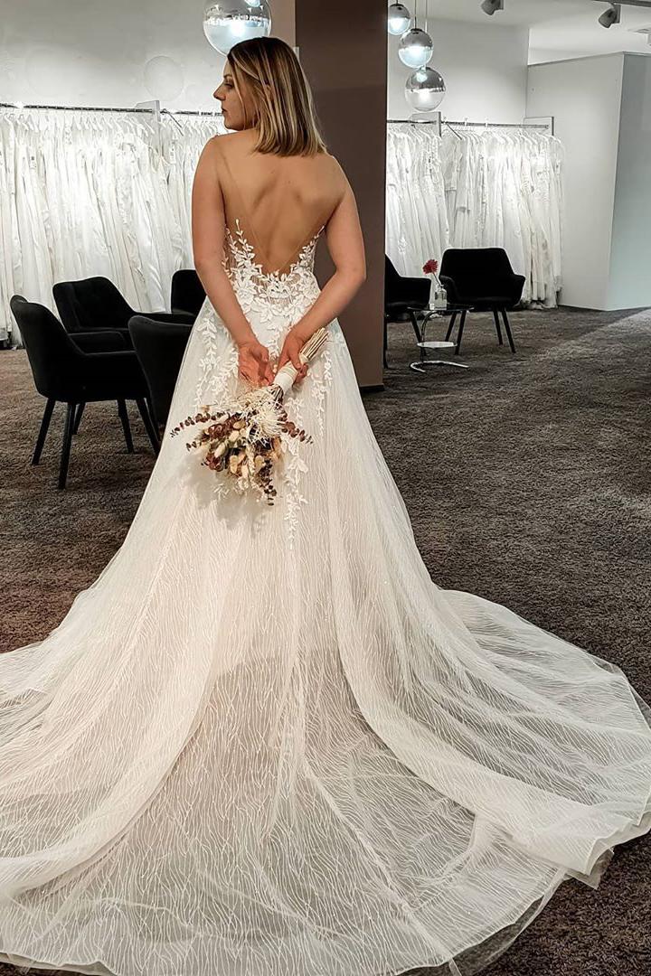 Gorgeous Long A-line V-neck Floor-length Backless Wedding Dress with Tulle Lace-BallBride