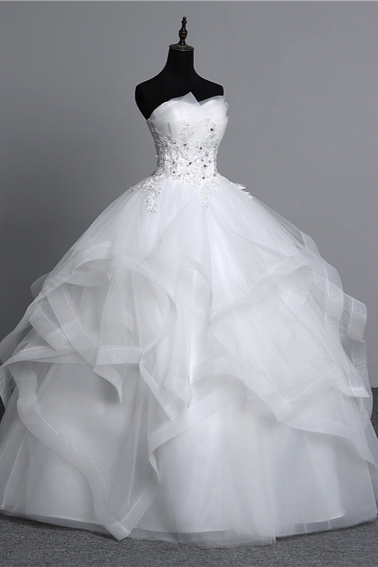 Gorgeous Long Ball Gown Strapless Wedding Dress with Tulle Layers and Appliques Beadings-BallBride