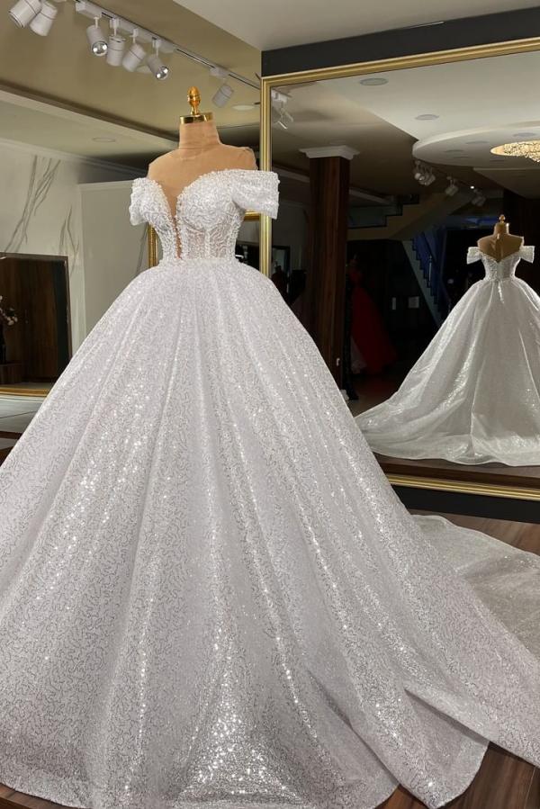 Gorgeous Long Ball Gown with Off-the-shoulder and Sequins - Wedding Dress-BallBride